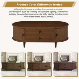 Btm Oval Coffee Table, 2 Sliding Doors, Rounded Corners, Storage Side Table, Mdf Wood, Walnut, 100X50X36Cm - thumbnail 4