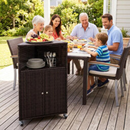 Rattan Corner Bar Cart Outdoor Storage Cabinet With Wheels - thumbnail 4