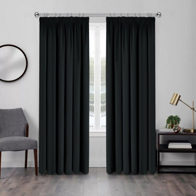 Ameha Black Plain Blackout Curtain Ready Made Pencil Pleat Thermal Insulated Curtain Pair 90''x90'' With Tiebacks Home Decor Uk - image 1
