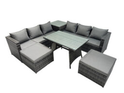 Fimous Outdoor Corner Sofa Dining Table Set Garden Rattan Furniture Set 8 Seater With Side Table 2 Big Stools Dark Grey - thumbnail 1