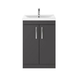 Dezine Hamble 600mm Gloss Grey Floor Standing 2 Door Vanity Unit, With Basin - thumbnail 1
