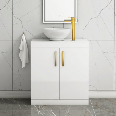 Royal Bathrooms Turin 800mm Floor Standing Vanity Unit 2 Door Gloss White & Countertop Basin - Breeze With Brushed Brass Handle - image 1