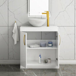 Royal Bathrooms Turin 800mm Floor Standing Vanity Unit 2 Door Gloss White & Countertop Basin - Breeze With Brushed Brass Handle - thumbnail 3