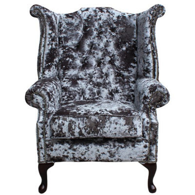 Chesterfield High Back Wing Chair Lustro Flint Velvet Fabric In Queen Anne Style - image 1