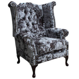 Chesterfield High Back Wing Chair Lustro Flint Velvet Fabric In Queen Anne Style - thumbnail 3