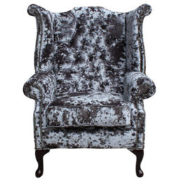 Chesterfield High Back Wing Chair Lustro Flint Velvet Fabric In Queen Anne Style - thumbnail 1