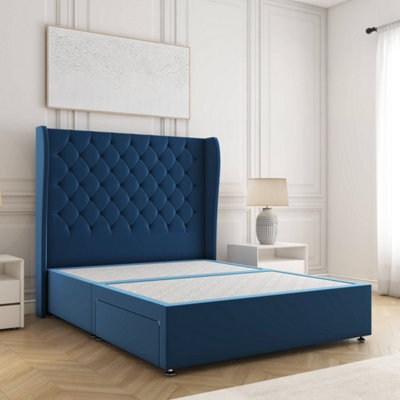 Bsspoke Amelia Divan Bed Set Blue Plush Velvet With 54Inch Wingedback Panel Headboard No Drawers No Mattress In All Sizes - image 1