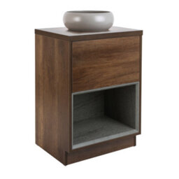 Homestylestore Dark Oak 600mm Led Lit Bathroom Vanity Unit Round Pebble Countertop Basin Open Shelf