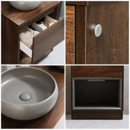 Homestylestore Dark Oak 600mm Led Lit Bathroom Vanity Unit Round Pebble Countertop Basin Open Shelf - thumbnail 2