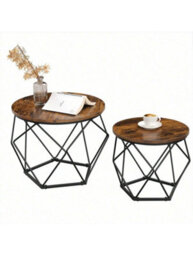 LEDREM Coffee Tables, Set Of 2 Side Tables, Robust Steel Frame, For Living Room, Bedroom, Rustic Brown And Black - thumbnail 7
