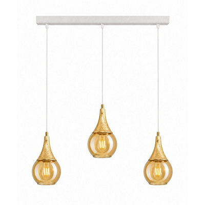 Luminosa Lighting Luminosa Lacrima Bar Pendant Ceiling Light White, Gold Amber Glass Shade 3X E27 - image 1