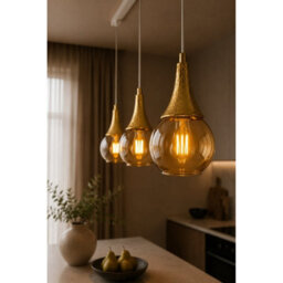Luminosa Lighting Luminosa Lacrima Bar Pendant Ceiling Light White, Gold Amber Glass Shade 3X E27 - thumbnail 3