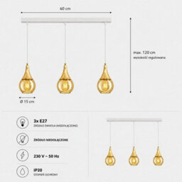Luminosa Lighting Luminosa Lacrima Bar Pendant Ceiling Light White, Gold Amber Glass Shade 3X E27 - thumbnail 4