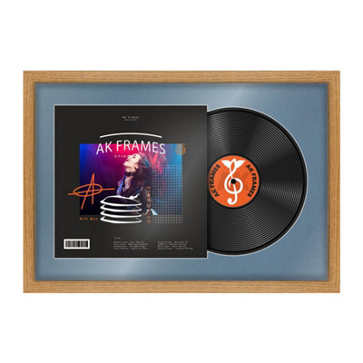 "AK Frames 25X17"" Oak Modern Vinyl Record Frame With Pompadour Mount For 12 Inch Lp Cover & Disc - Overlapped Design" - image 1