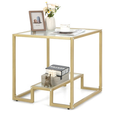 Costway 2-Tier Square Side Table Sofa End Table With Tempered Glass Tabletop-Golden - image 1