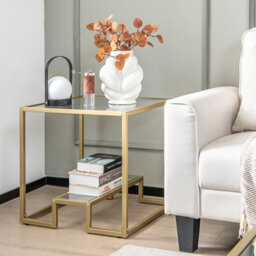 Costway 2-Tier Square Side Table Sofa End Table With Tempered Glass Tabletop-Golden - thumbnail 3