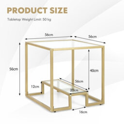 Costway 2-Tier Square Side Table Sofa End Table With Tempered Glass Tabletop-Golden - thumbnail 2
