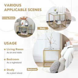 Costway 2-Tier Square Side Table Sofa End Table With Tempered Glass Tabletop-Golden - thumbnail 8
