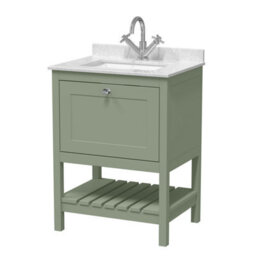 Balterley Coppenhall Traditional Bathroom 1 Soft Close Drawer Floor Standing Vanity Unit Marble Top Basin, Fern Green/white, 600mm