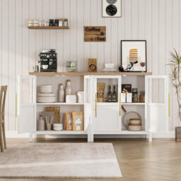Sideboard Buffet Cabinet Glass Doors Wooden Kitchen Storage Cupboard - thumbnail 3