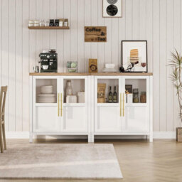 Sideboard Buffet Cabinet Glass Doors Wooden Kitchen Storage Cupboard - thumbnail 4