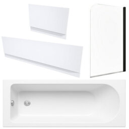 FNX Bathrooms White 1700 X 700 mm Single-Ended Bath With Waterproof Panel Set & Curved Black-Profile Bath Screen - thumbnail 1