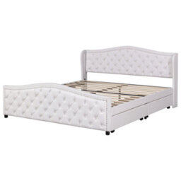BTM Upholstered Bed 135X190Cm Slatted Frame 2 Drawers Headboard Rivets Faux Leather White - thumbnail 8