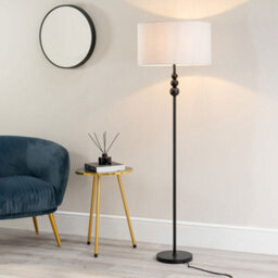 Valuelights Marissa Matt Black Stacked Ball Floor Lamp With Grey Drum Shade - Led Bulb Included