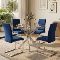 Oira Homes Modern Dining Table Set For 4 Dining Table With 4 Blue Velvet Chairs For Dining Room Furniture - thumbnail 2