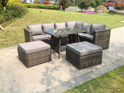 Fimous 8 Seater Grey Rattan Corner Sofa Set Dining Table 2 Big Footstool Garden Furniture Outdoor With Clear Tempered Glass - image 1