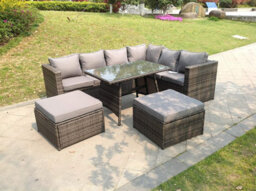 Fimous 8 Seater Grey Rattan Corner Sofa Set Dining Table 2 Big Footstool Garden Furniture Outdoor With Clear Tempered Glass - thumbnail 2