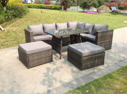 Fimous 8 Seater Grey Rattan Corner Sofa Set Dining Table 2 Big Footstool Garden Furniture Outdoor With Clear Tempered Glass - thumbnail 1