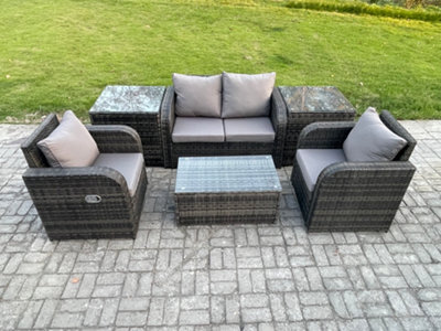 Fimous 6 Pc Outdoor Pe Rattan Garden Furniture Set Wicker Love Sofa Coffee Table 2 Armchair 2 Side Tables Dark Grey Mixed - image 1