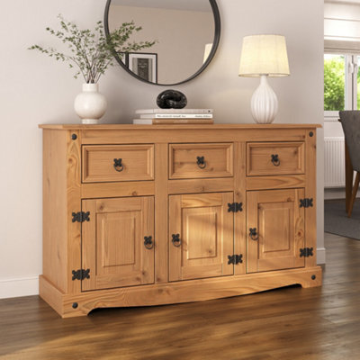 Mews Corona Sideboard 3 Door Solid Distressed Waxed Pine Mexican Style 3 Door 3 Drawer Cupboard - image 1