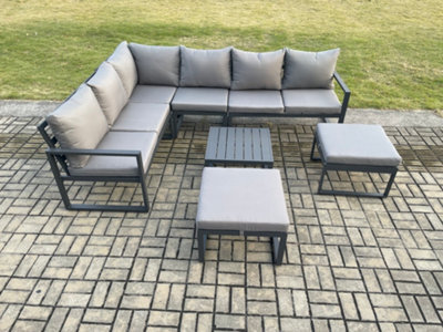 Fimous 8 Seater Outdoor Lounge Corner Sofa Set Aluminum Garden Furniture Sets With Square Coffee Table 2 Big Footstool Dark Grey