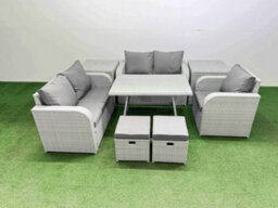 Fimous 7 Seater Outdoor Rattan Garden Furniture Set With Rectangular Dining Table 2 Side Tables 2 Small Footstools Light Grey - thumbnail 2