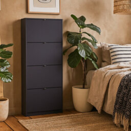 Wyld Haus Prague Matt Black Shoe Cabinet 4 Flip-Front Doors Slim Vertical Storage - thumbnail 1