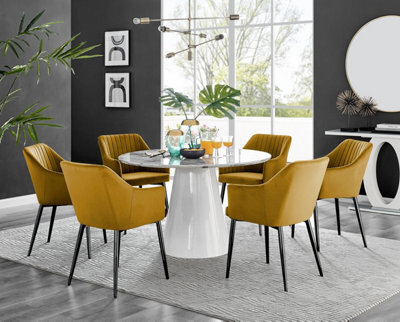 Furniturebox Uk Palma White Marble Effect Round Dining Table & 6 Mustard Calla Black Leg Chairs