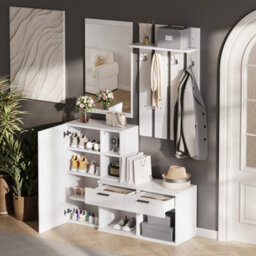 Matteo Modern White Hallway Storage Unit With Mirror, Coat Hooks & Shoe Cabinet - thumbnail 4