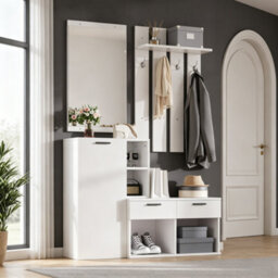 Matteo Modern White Hallway Storage Unit With Mirror, Coat Hooks & Shoe Cabinet - thumbnail 3