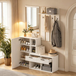 Matteo Modern White Hallway Storage Unit With Mirror, Coat Hooks & Shoe Cabinet - thumbnail 2