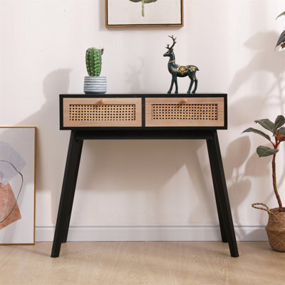 Furniturehmd Modern Ratten Console Table Hallway Table Storage Table Desk With 2 Drawers For Hallway,bedroom,office - image 1