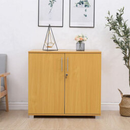 MMT Funiture Designs Beech Wooden Filing Cabinet With 1 Shelf - 2 Door Lockable Filing Cabinet - Short Wood Office Storage Cupboard Organiser - thumbnail 1