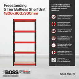 Rb Boss Garage Shelving Unit 5 Shelf Mdf Red & Black Powder Coated Steel (H)1800mm (W)900mm (D)300mm - thumbnail 5