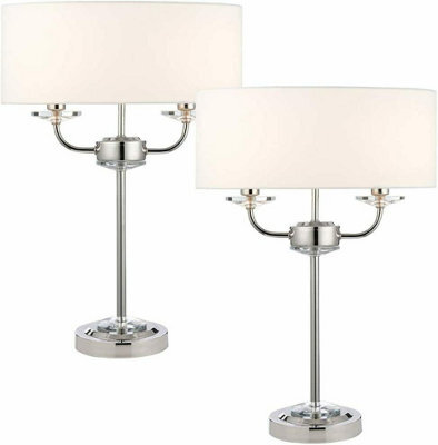 2 Pack Twin Light Table Lamp Bright Nickel & White Shade Crystal Trim Bedside - image 1