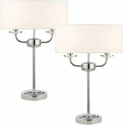 2 Pack Twin Light Table Lamp Bright Nickel & White Shade Crystal Trim Bedside