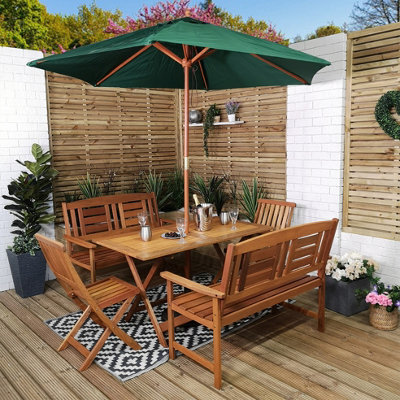 Lyte Outdoor 6 Person Folding Rectangular Wooden Garden Patio Dining Table Chairs And 2 Benches Parasol And Base Set - image 1