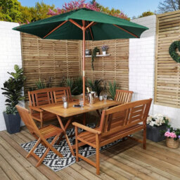 Lyte Outdoor 6 Person Folding Rectangular Wooden Garden Patio Dining Table Chairs And 2 Benches Parasol And Base Set