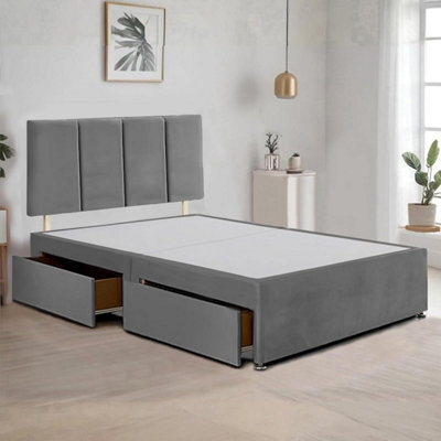 Grey Plush Fabric 4Ft Small Double Bed Frame With 20 Inch Vertical Line Headboard And 2 Drawers - image 1