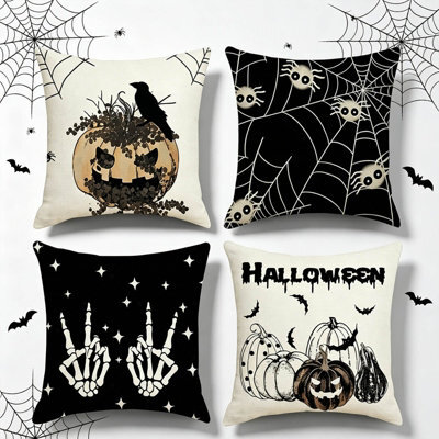 Amorly 4 Pack 45Cm Halloween Cushion Covers, Spider Web, Crow & Pumpkin 2D Print, No Inserts, Spooky Indoor Household Decor - image 1